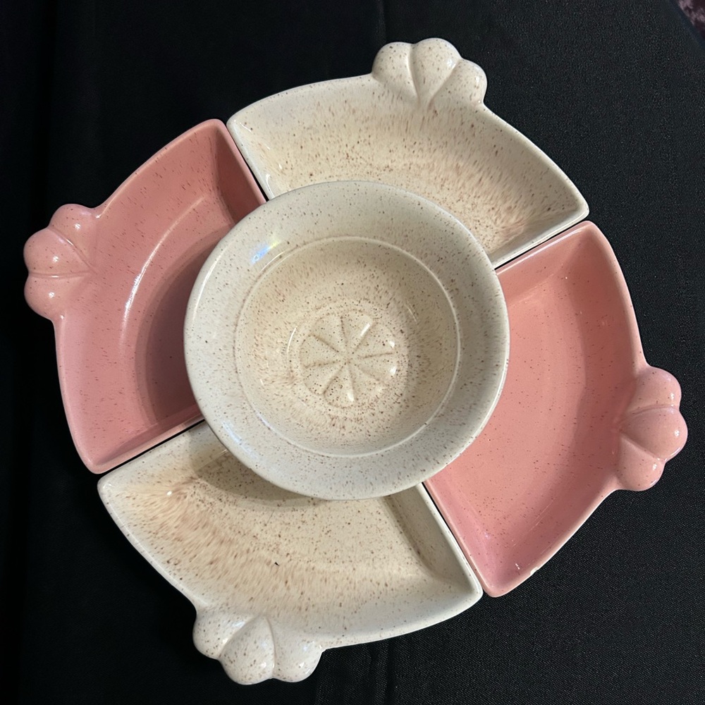 Vintage Doranne Of California Pottery J31 Lazy Susan Pink Cream Divided Dish 5pc